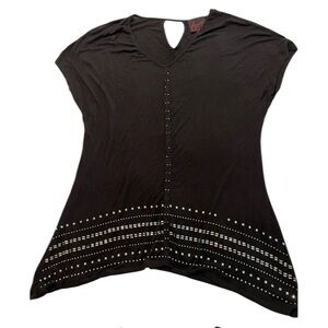 French Blue Womens Shirt Woman XL Black Short Sleeve Pullover Beaded Blouse  USA